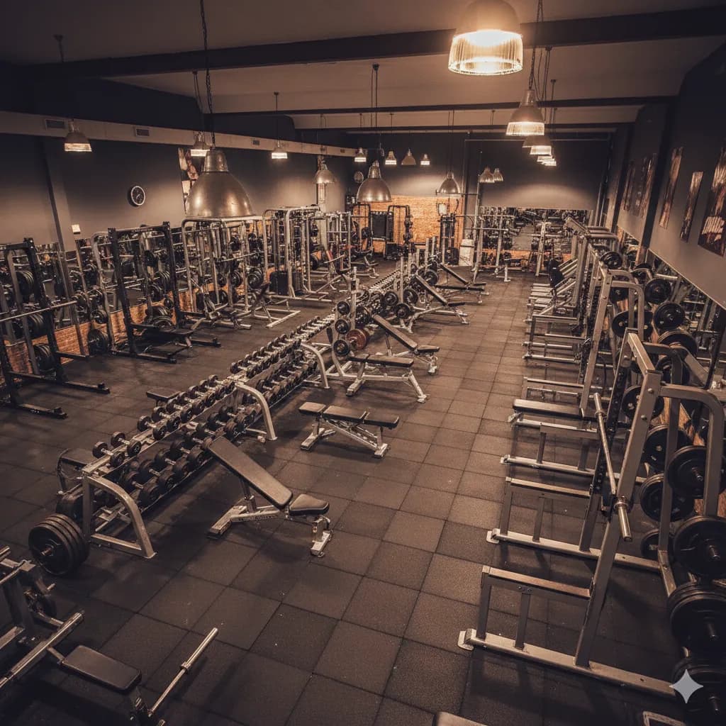 Interior do Popei Gym — zona de treino espaçosa com equipamento Panatta