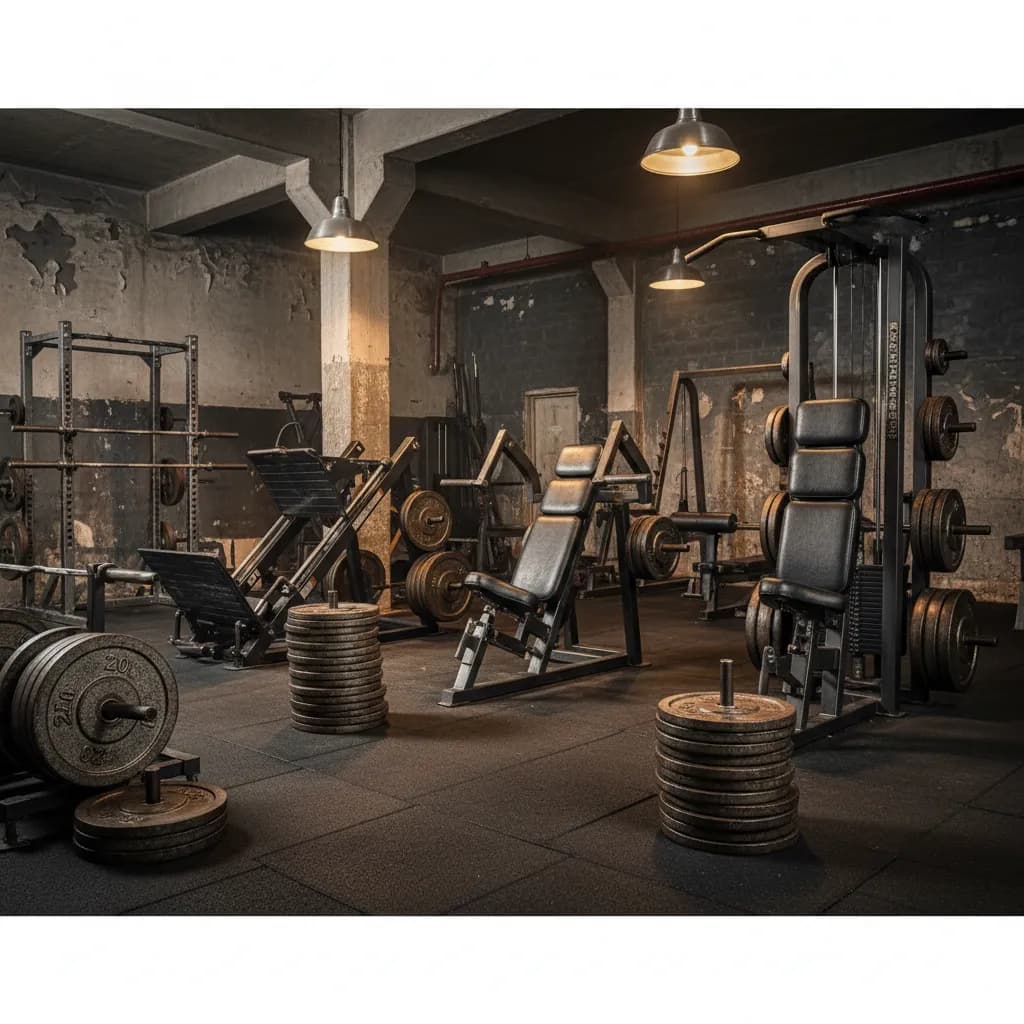 Espaço de treino do Popei Gym com pesos de ferro e equipamento Panatta