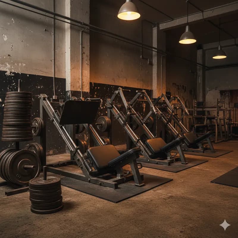 Zona de musculação com máquinas Panatta e discos de ferro