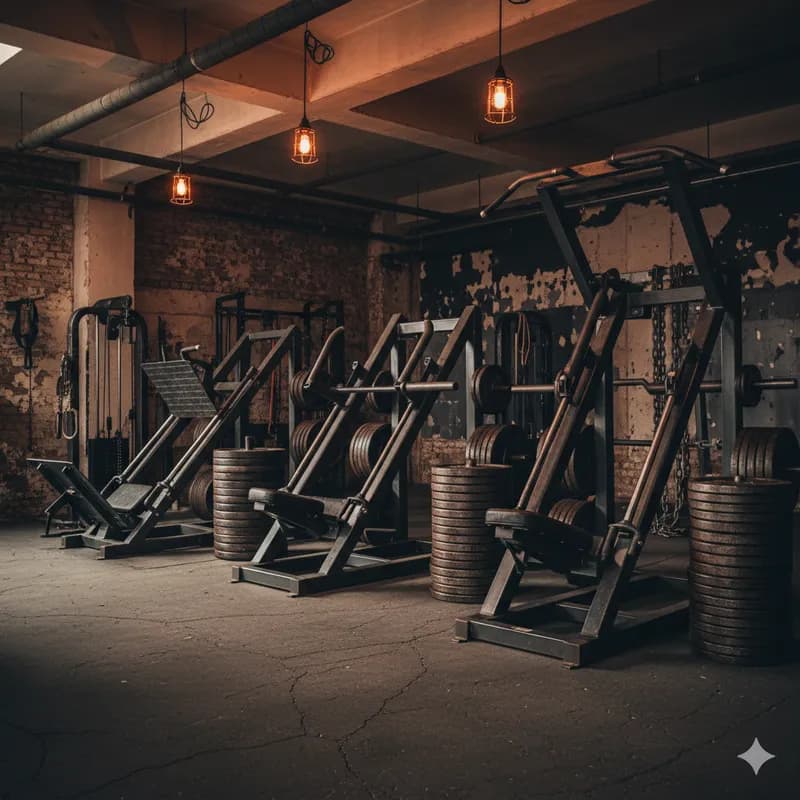 Zona de treino de força com power racks e pesos pesados